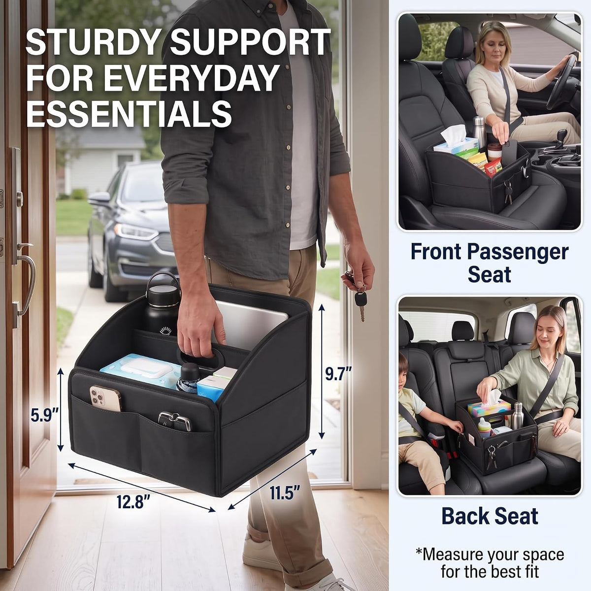 Car Storage Organizer, Leather Front & Back Seat Caddy Black