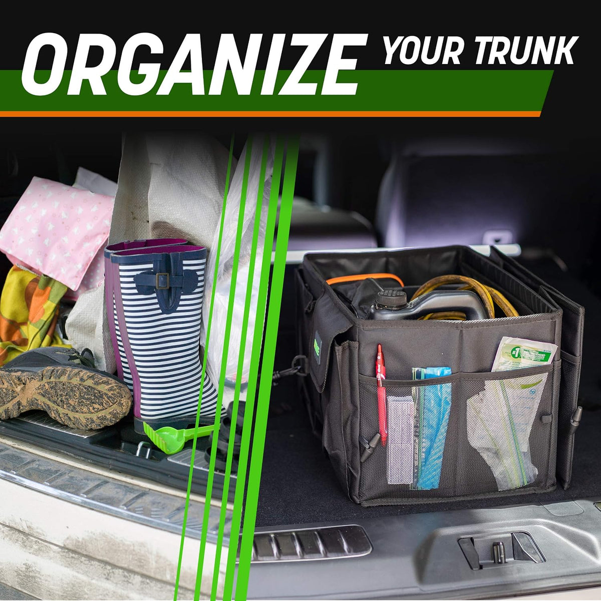 DRIVE - Car Trunk Organizer - Collapsible, Multi-Compartment Automotive SUV Car Organizer for Storage w/Adjustable Straps - Truck & Car Accessories for Women and Men - Black