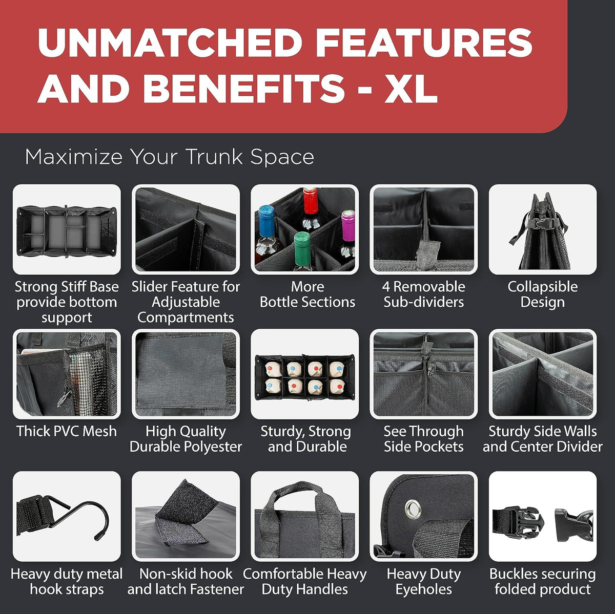 Car Trunk Organizer for SUV, Truck & Auto Cargo Storage, XL Black
