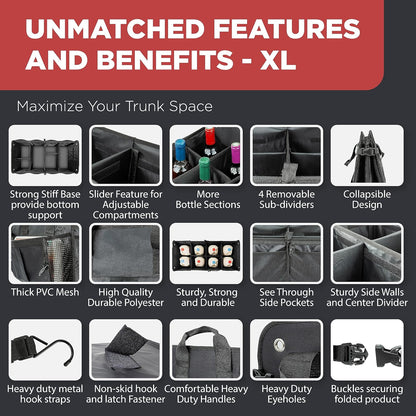 Car Trunk Organizer for SUV, Truck & Auto Cargo Storage, XL Black